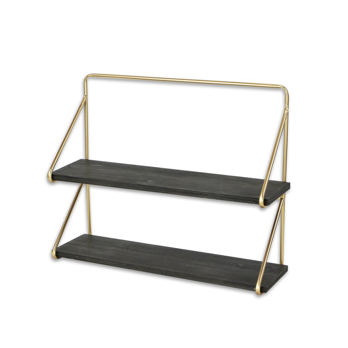 21" Dark Gray And Gold Metal And Wood Wall Mounted Tiered Shelf