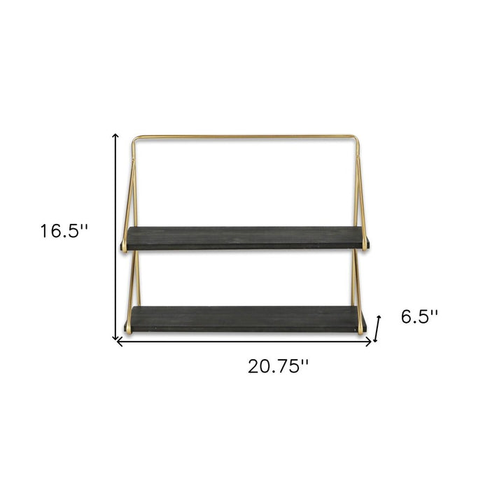 21" Dark Gray And Gold Metal And Wood Wall Mounted Tiered Shelf