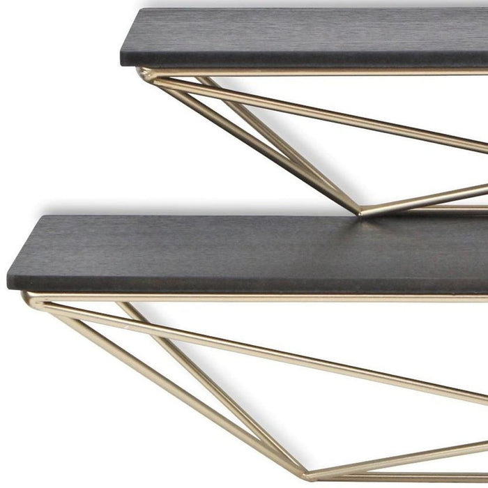 Set Of Two Black And Gold Wood And Metal Modern Wall Mounted Accent Shelves