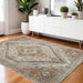Patterned rug on a wooden floor with a white cabinet and plants in the background