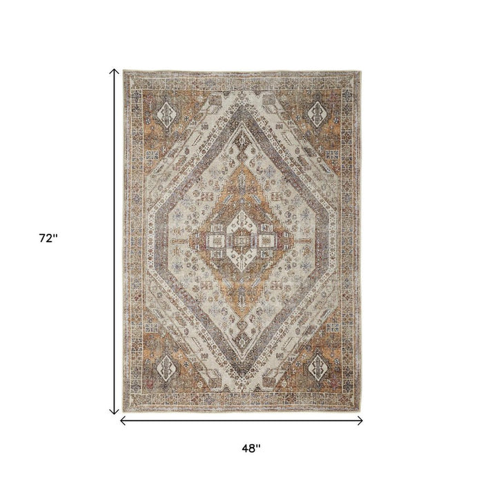 Decorative rug with geometric pattern and measurements on a white background
