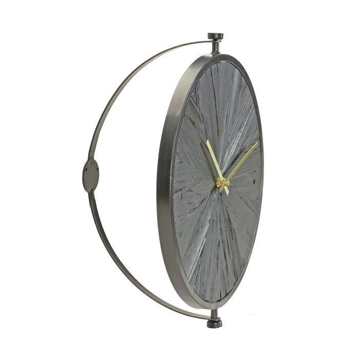 Decorative clock with a metallic frame and gray face on a white background