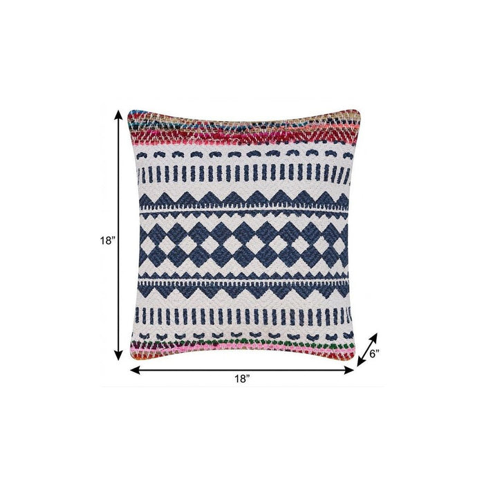 18" X 18" Blue White Red And Yellow 100% Cotton Striped Zippered Pillow