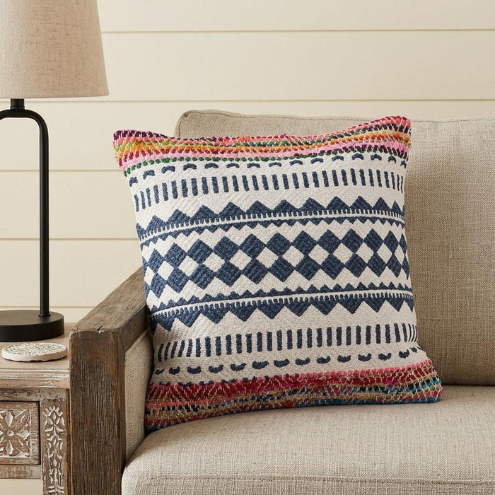 18" X 18" Blue White Red And Yellow 100% Cotton Striped Zippered Pillow
