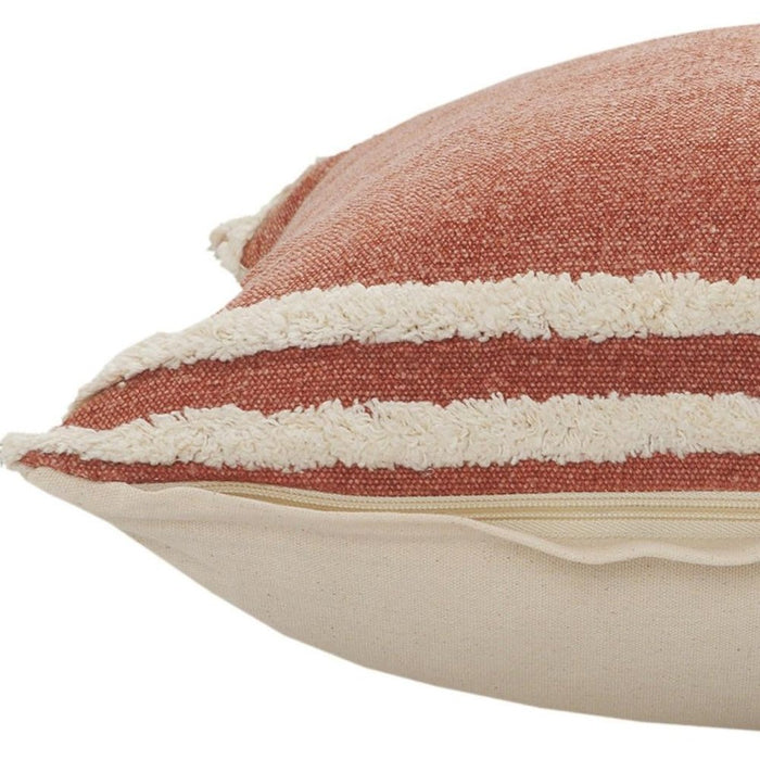 20" X 20" Cinnamon And White 100% Cotton Striped Zippered Pillow