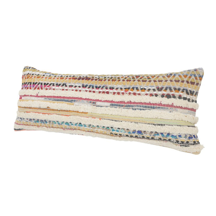 14" X 36" Off White Red And Blue Cotton Striped Throw Pillow