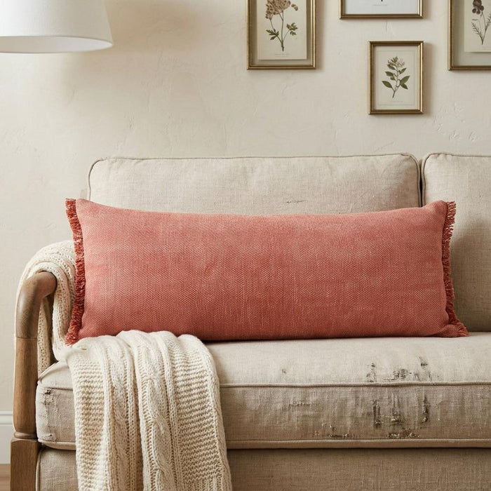 14" X 36" Rose Pink Stonewashed Cotton Throw Pillow With Fringe