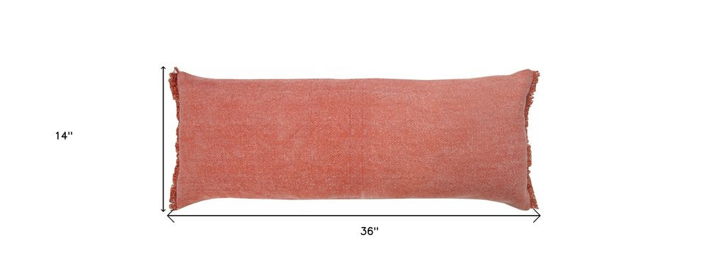 14" X 36" Rose Pink Stonewashed Cotton Throw Pillow With Fringe