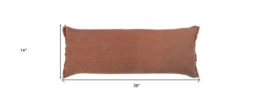 14" X 36" Terra Cotta Stonewashed Cotton Throw Pillow With Fringe