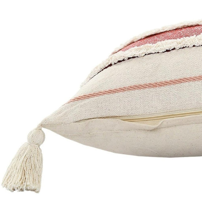 14" X 36" Red And Off-White 100% Cotton Striped Zippered Pillow