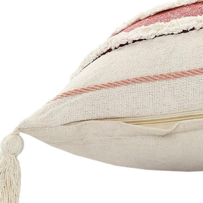 14" X 36" Red And Off-White 100% Cotton Striped Zippered Pillow