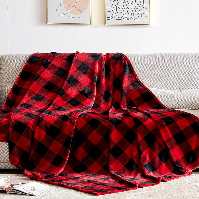 Red & Black Buffalo Plaid Fleece Throw Blanket, 50" x 60" Soft Cozy Checkered Blanket for Couch, Sofa, Bed – Lightweight Farmhouse Christmas Decor