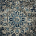 Close-up of a textured rug with a pattern of blue and beige colors.