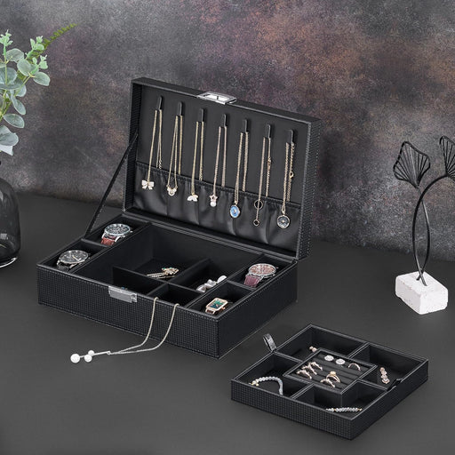 Modern Jewelry Organizer Case with Watch Display & Necklace Storage