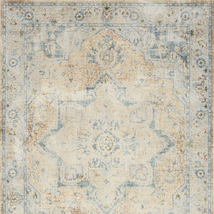 Decorative rug with intricate pattern in beige, blue, and brown tones