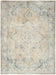 Decorative rug with intricate patterns in beige, blue, and brown on a light background