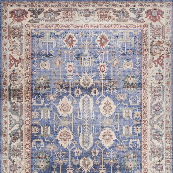 Decorative rug with intricate patterns in blue, red, and beige.