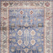 Decorative rug with intricate patterns in blue, red, and beige.