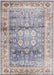 Decorative rug with intricate patterns in blue, beige, and red on a white background