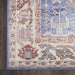 Patterned rug with blue and red designs on a wooden floor