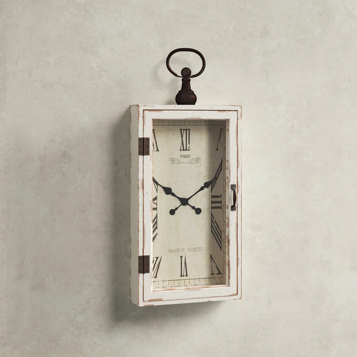 Delno White Wood Pocket Watch Style Wall Clock with Hinged Door 12" X 4" X 28"