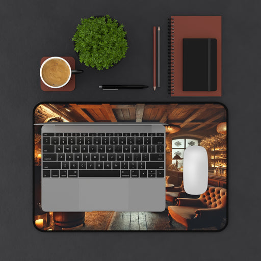 A laptop on a Cozy Winter Speakeasy Mousepad, surrounded by a notebook, pencils, coffee, and a small plant.