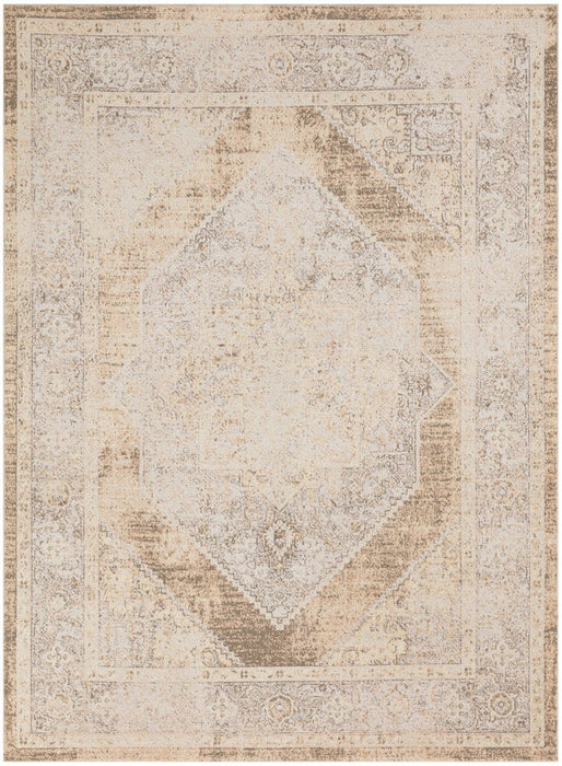 Beige and brown area rug with a geometric pattern