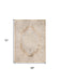 Beige area rug with geometric pattern and measurements on a white background