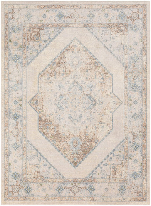 Decorative rug with a geometric pattern on a light background