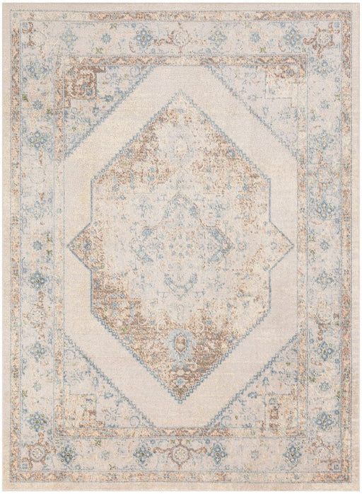 Decorative rug with a geometric pattern on a light background