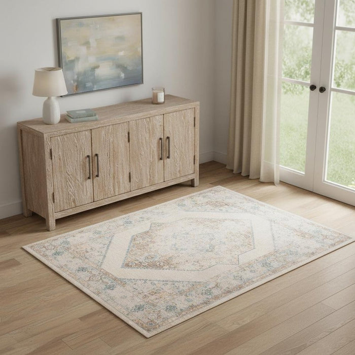 Room interior with wooden sideboard, lamp, and decorative rug.