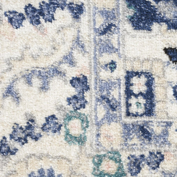 Close-up of a patterned rug with blue and beige colors