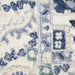 Close-up of a patterned rug with blue and beige colors