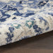 Close-up of a blue and beige patterned rug on a wooden floor.