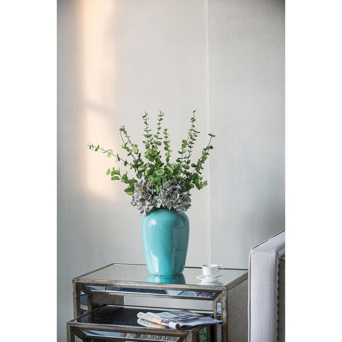 13" Aqua And Terra Cotta Ceramic Round Table Vase