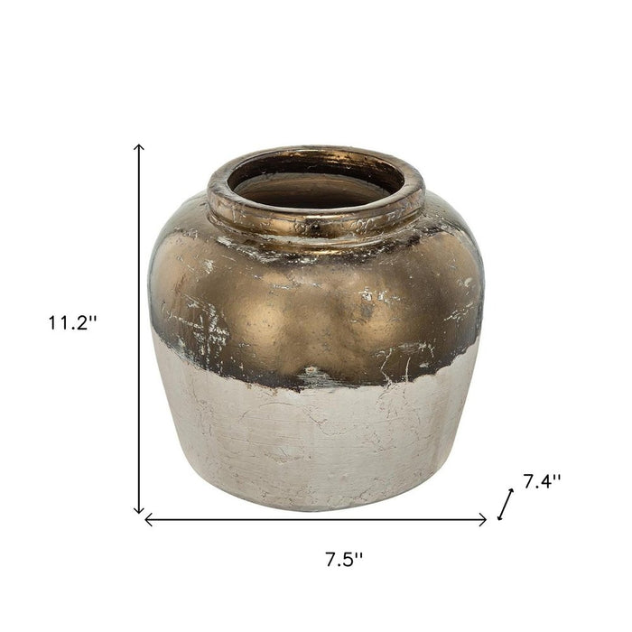 11" Antiqued Bronze And Light Gray Color Block Ceramic Round Table Vase