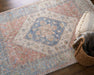 Patterned rug on a wooden floor with a woven basket and blanket.