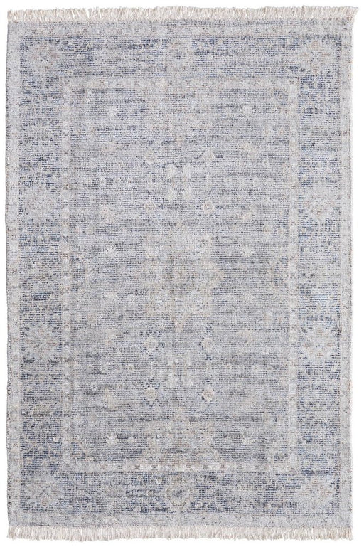 Textured blue and gray area rug with a subtle pattern on a white background