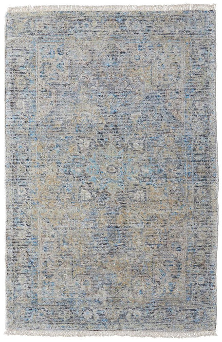 Patterned rug with blue and beige colors on a white background