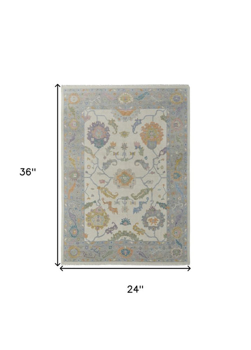 Decorative rug with floral patterns and measurements on a white background