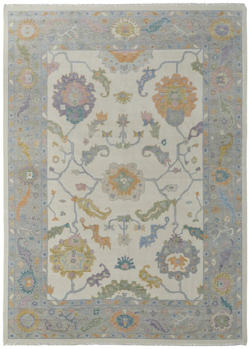 Decorative rug with intricate patterns and colors on a plain background