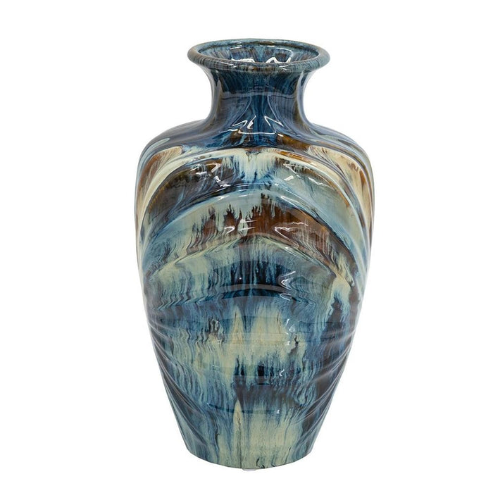 16" Ivory and Blue Ceramic Abstract Round Table Vase