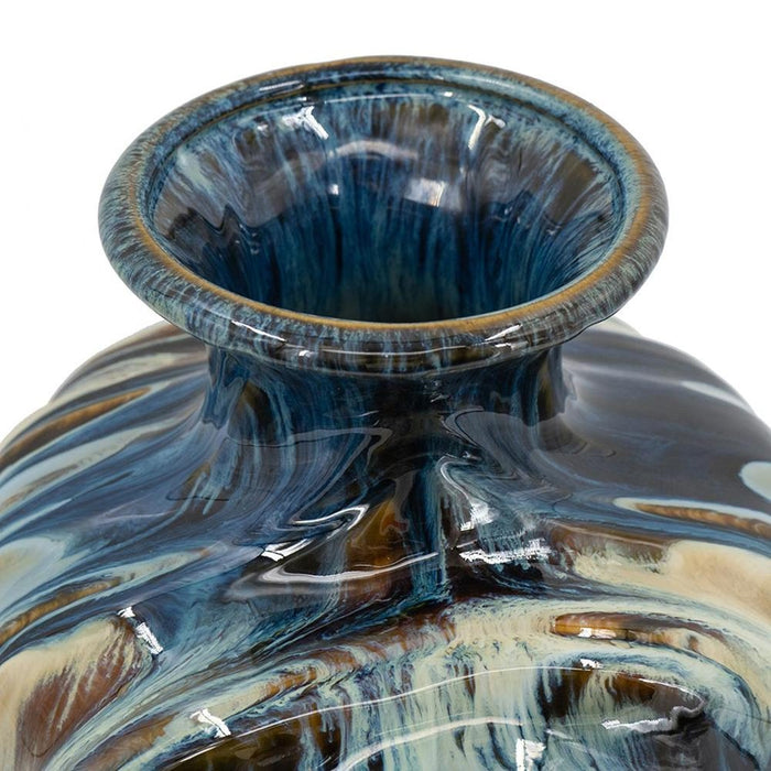 16" Ivory and Blue Ceramic Abstract Round Table Vase