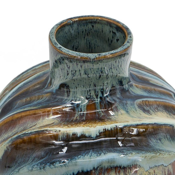 11" Blue Beige And Brown Abstract Wavy Ceramic Table Vase