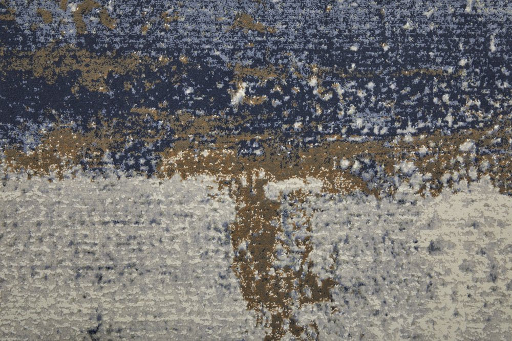 Textured rug with a mix of blue, brown, and beige colors.
