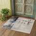 Abstract patterned rug on a wooden floor with a decorative wooden door and plant in the background.