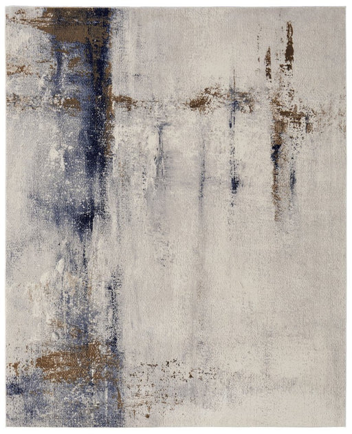Abstract patterned rug with brown, blue, and beige colors on a white background