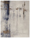 Abstract patterned rug with brown, blue, and beige colors on a white background