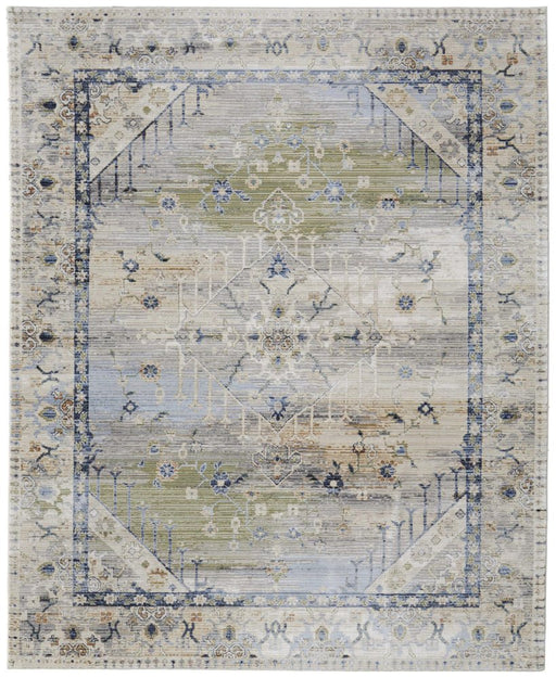 Decorative rug with intricate patterns and colors on a white background