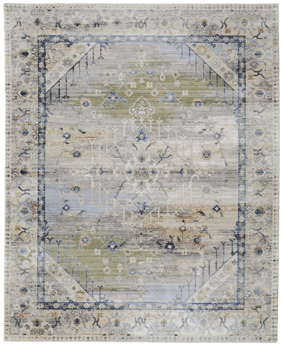 Decorative rug with intricate patterns and colors on a white background